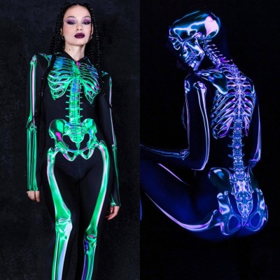 VENTA CALIENTE❗❗ Disfraz sexy con capucha de esqueleto de Halloween verde para mujer que brilla con luz ultravioleta