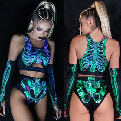VENTA CALIENTE❗❗ Disfraz de esqueleto de Halloween sexy Rave Conjunto de 3 piezas a juego que brilla en luz UV