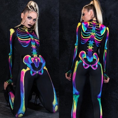 Disfraz de Halloween de esqueleto arcoíris para mujer con huesos de arcoíris que brillan en la oscuridad