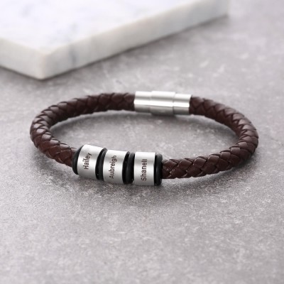 Pulsera de cuero marrón personalizada con 1-10 cuentas