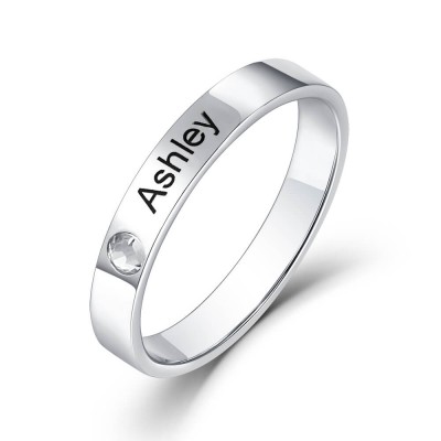 Anillo con nombre personalizado de plata esterlina S925 con piedra de nacimiento