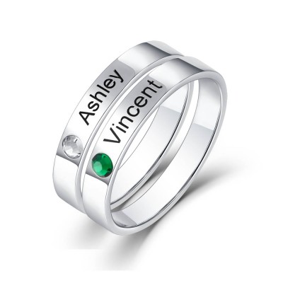 2 anillos con nombre apilables personalizados de plata esterlina S925 con piedra de nacimiento