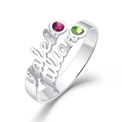 Anillo de plata de ley con piedra natal personalizada 925 con 2 nombres, regalo para ella