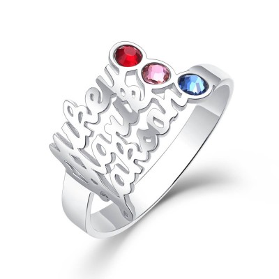 Anillo de plata de ley con piedra natal personalizada 925 con 3 nombres de regalo para ella