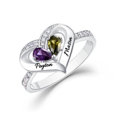 Anillo de plata de ley con 2 nombres de pareja de piedra natal personalizada S925 para ella