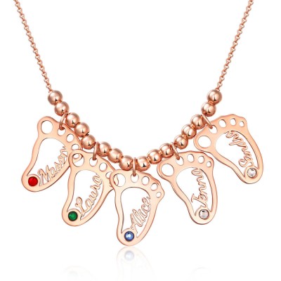 Chapado en oro rosa de 18 quilates personalizado 1-10 pies de bebé colgantes con forma de nombre collar con piedras de nacimiento collar de la madre