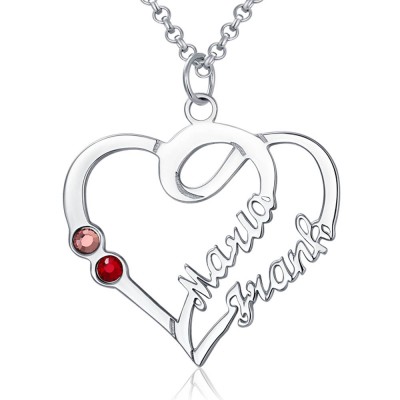 Collar personalizado con nombres de corazones de pareja con piedras de nacimiento