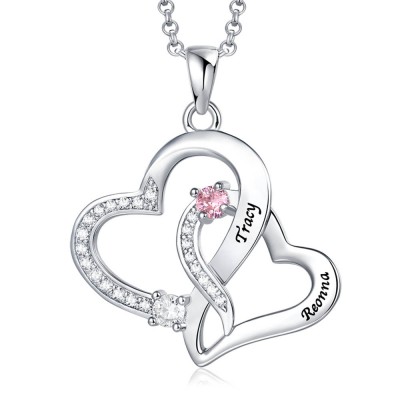 Collar personalizado de doble corazón con 2 nombres y piedras de nacimiento