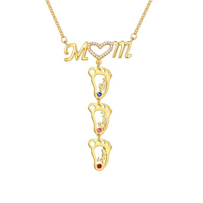 Collar personalizado con nombre de colgantes con forma de pies de bebé huecos de 1-8 con piedras de nacimiento, regalo para mamá