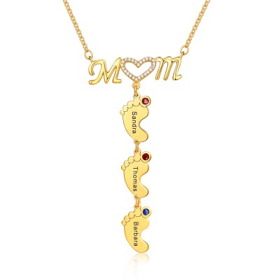 Collar personalizado con nombre de colgantes en forma de pies de bebé de 1 a 8 con piedras de nacimiento, regalo para mamá