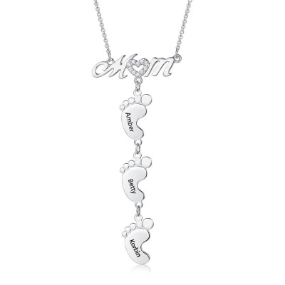 Collar de plata personalizado para mamá con pies de bebé 1-10 colgantes