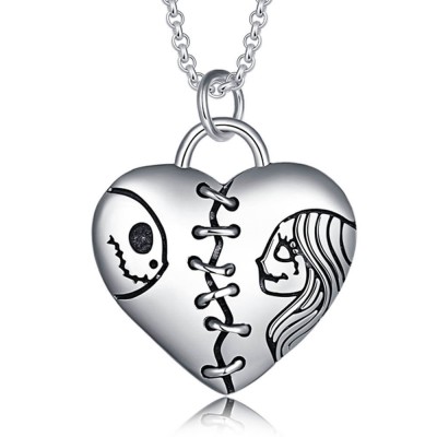 Collar de grabado de nombre de pareja de Jack Skellington y Sally de corazón encantador de plata Regalos de San Valentín
