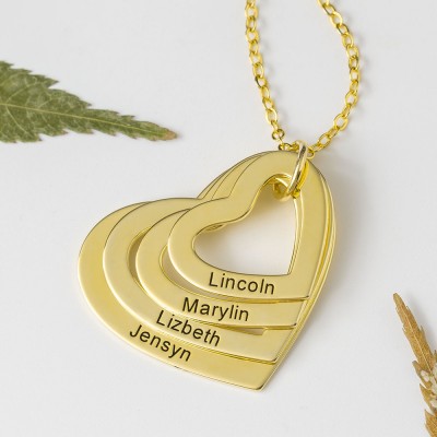 Collar familiar en forma de corazón grabado personalizado de plata 1-4 Collar con nombre grabado