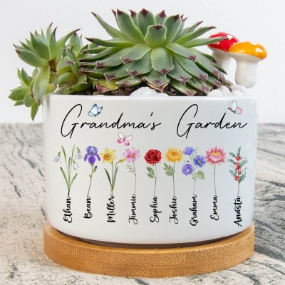 Maceta de flores de nacimiento de jardín de la abuela personalizada para mamá, abuela