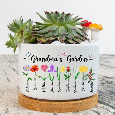 Maceta de flores de nacimiento de jardín de la abuela personalizada para mamá, abuela