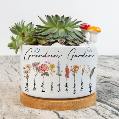 Maceta de flores de nacimiento de jardín de la abuela personalizada para mamá, abuela