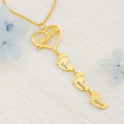 Collar de Mamá Personalizado con Pies de Bebé 1-10 Colgantes