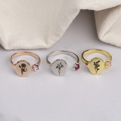 Anillo de sello de flor de nacimiento hecho a mano personalizado