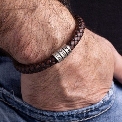 Pulsera de cuentas de cuero con grabado personalizado con 1-10 nombres de familia, regalo para papá