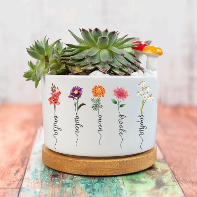 Maceta de planta de flor de mes de nacimiento al aire libre personalizada con nombre de niños regalo del día de la madre