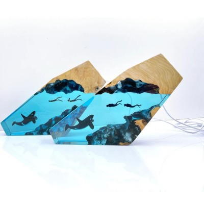 Orca y Tandem Diver Resina Luz Nocturna Resina Lámpara de Madera Azul Océano Miniatura