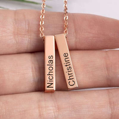 Chapado en oro rosa de 18 quilates personalizado 1-3 barras grabadas collar de barra vertical 3d grabable