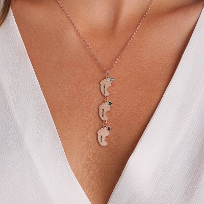Collar de mamá personalizado chapado en oro rosa de 18 quilates con pies de bebé 1-10 colgantes