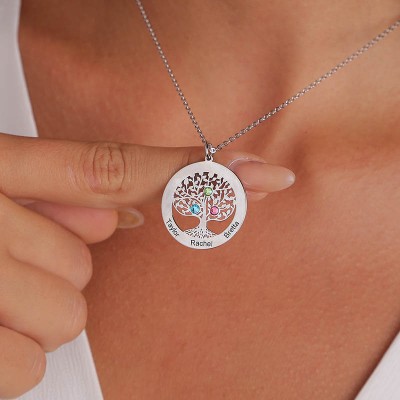 Collar de árbol genealógico personalizado en forma de corazón con 1 a 6 piedras natales y grabados