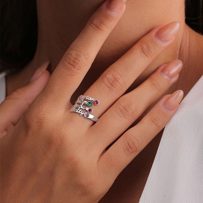 Anillo de plata de ley con piedra natal personalizada 925 con 4 nombres, regalo para ella