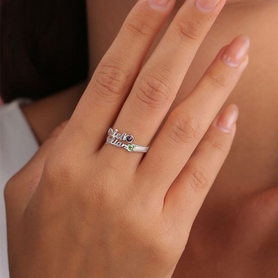 Anillo de plata de ley con piedra natal personalizada 925 con 2 nombres, regalo para ella
