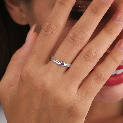 Anillo de plata de ley con piedra natal personalizada 925 con 1 nombre de regalo para ella