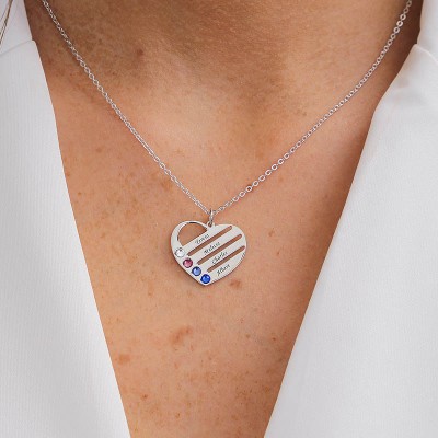 Collar de corazón personalizado con 1 a 4 piedras natales y grabados