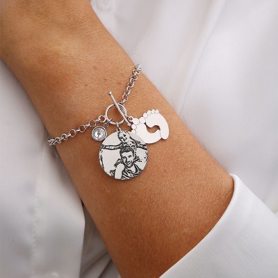 Pulsera con etiqueta personalizada con foto grabada y grabado para tu amor