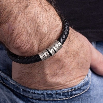 Pulsera de cuentas de cuero con grabado personalizado con 1-10 nombres de familia, regalo para papá