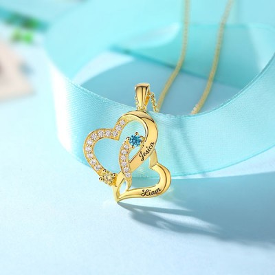 Collar personalizado de doble corazón con 2 nombres y piedras de nacimiento