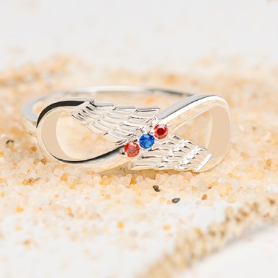 Anillo infinito de alas de ángel personalizado de plata esterlina S925 con piedras de nacimiento para ella