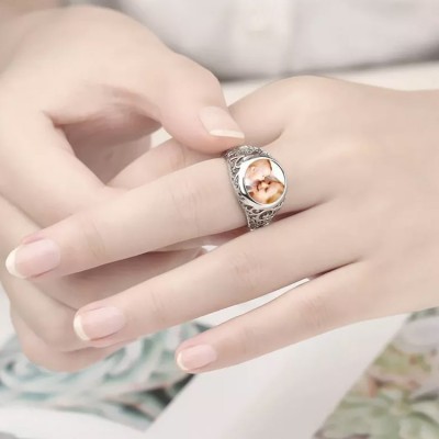 Anillo con foto de madre redondo personalizado de plata esterlina S925