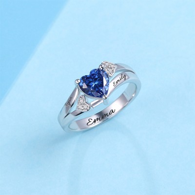 S925 Anillo de promesa con piedra de nacimiento de corazón grabado en plata esterlina para ella