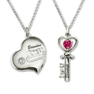 Collar de plata con piedra natal de la llave de mi corazón para parejas S925