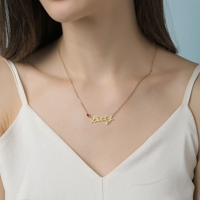 Collar con nombre personalizado chapado en oro de 18 quilates con piedra de nacimiento para ella