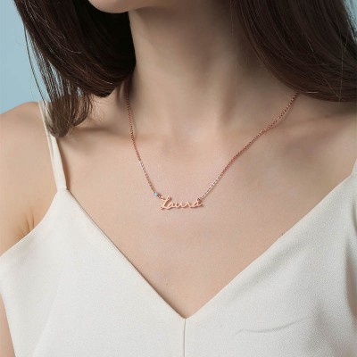 Collar de plata con nombre personalizado chapado en oro rosa de 18 quilates con piedra de nacimiento para ella
