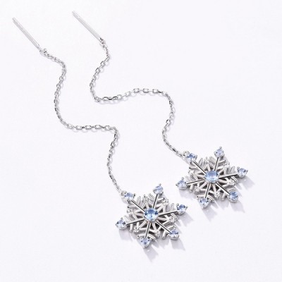Aretes largos con piedras preciosas de copo de nieve en plata