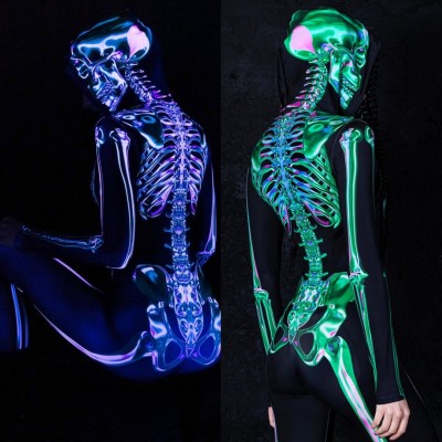 VENTA CALIENTE❗❗ Disfraz sexy con capucha de esqueleto de Halloween verde para mujer que brilla con luz ultravioleta