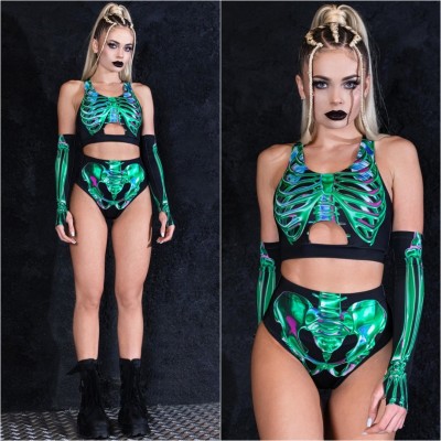 VENTA CALIENTE❗❗ Disfraz de esqueleto de Halloween sexy Rave Conjunto de 3 piezas a juego que brilla en luz UV