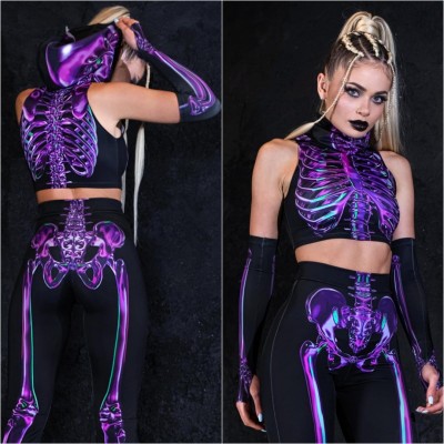 Conjunto de disfraz de Halloween de esqueleto morado de 3 piezas que brilla en la oscuridad