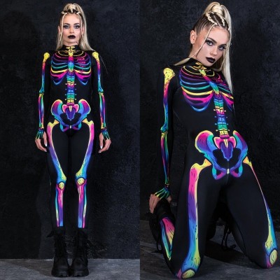 Disfraz de Halloween de esqueleto arcoíris para mujer con huesos de arcoíris que brillan en la oscuridad