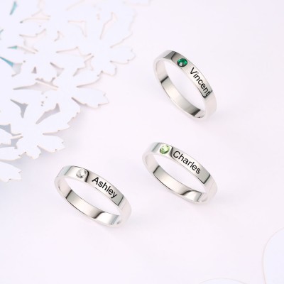 Anillo con nombre personalizado de plata esterlina S925 con piedra de nacimiento