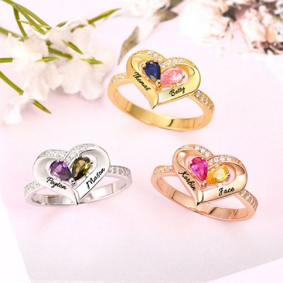 Anillo de plata de ley con 2 nombres de pareja de piedra natal personalizada S925 para ella