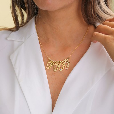 Chapado en oro de 18 quilates personalizado 1-10 colgantes con forma de pies de bebé collar con nombre con piedras de nacimiento collar de la madre