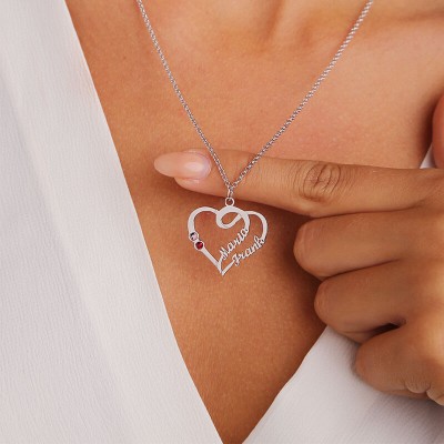 Collar personalizado con nombres de corazones de pareja con piedras de nacimiento